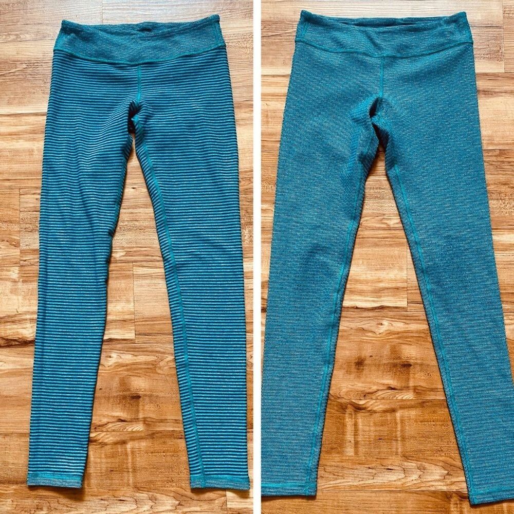 Ivivva Girl’s 12 Teal Blue Striped Herringbone Reversible Leggings Dance Ski Run